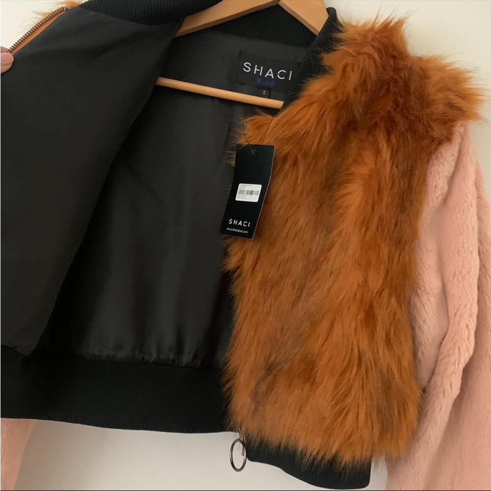 NWT SHACI Faux Fur Cropped Bomber Jacket Color Block Pink & Brown Size S - Picture 4 of 7